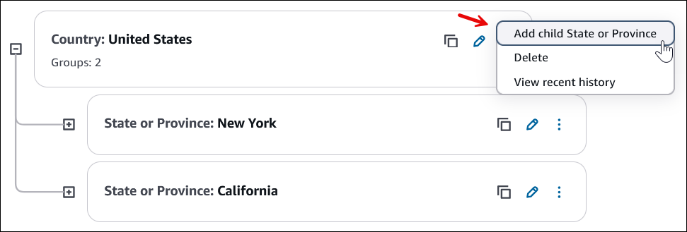 L’option d’ajout d’un enfant pour le niveau 2 Ajouter un État ou une province enfant.