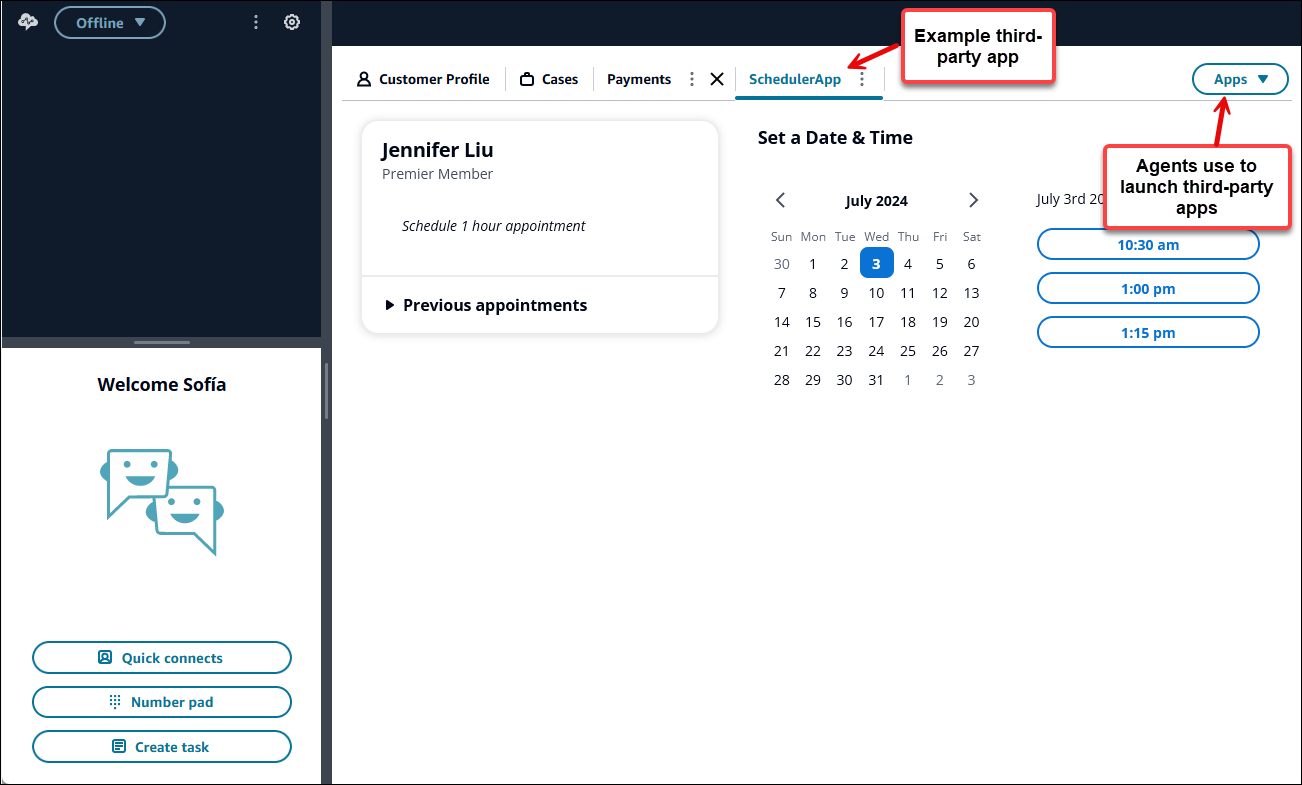 Le lanceur d’applications dans l’espace de travail de l’agent.