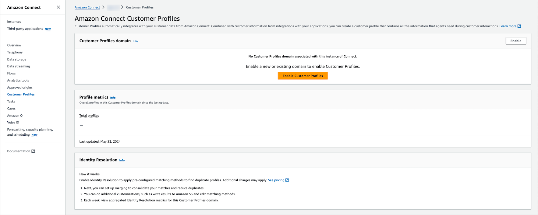 Activer les profils des clients dans la console Amazon Connect.