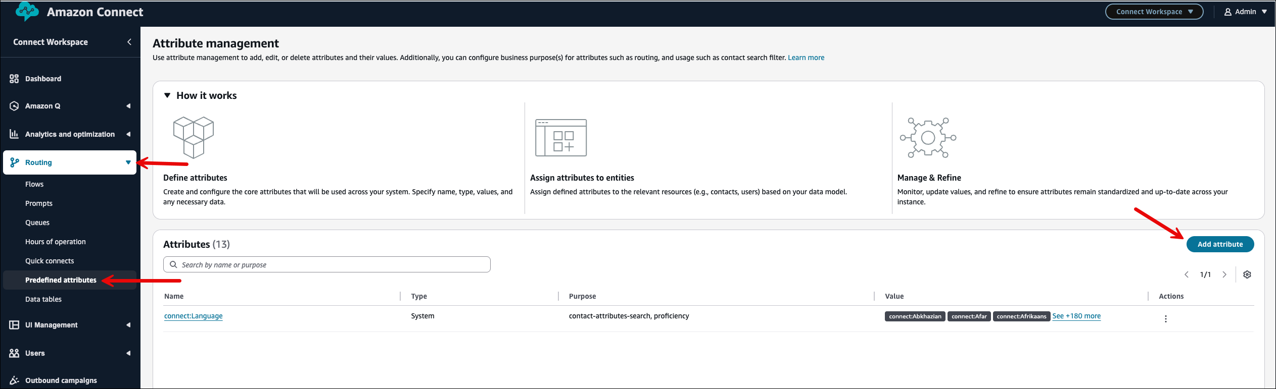 Page Gestion des attributs, option Ajouter un attribut.