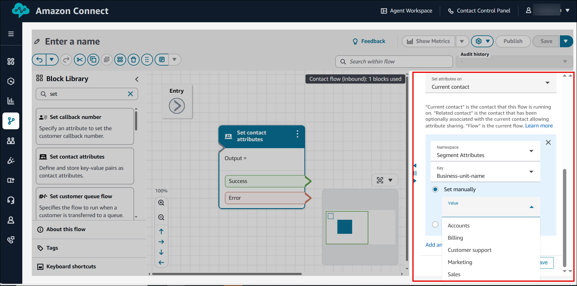 Propriétés du bloc Définir des attributs de contact.