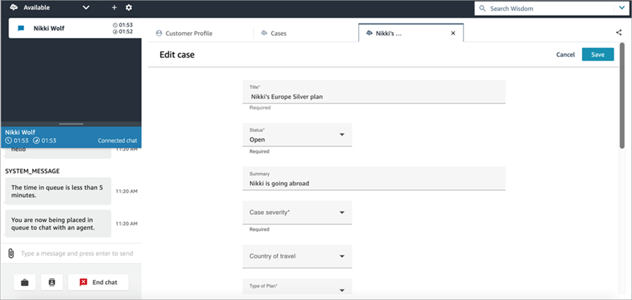 La page sur laquelle un agent peut modifier un cas.