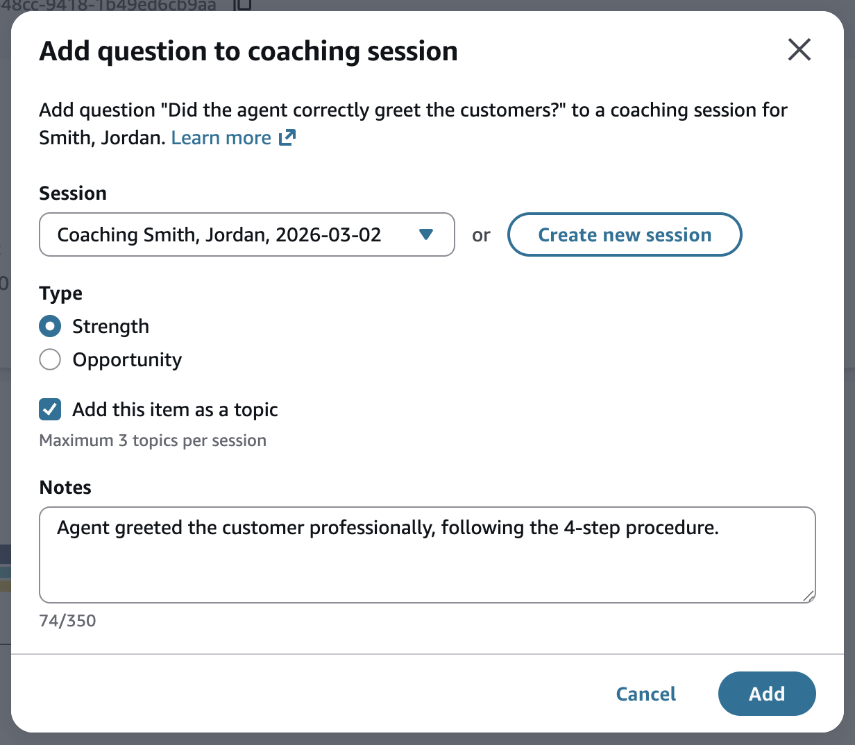 La boîte de dialogue permettant d'ajouter une question à une session de coaching.