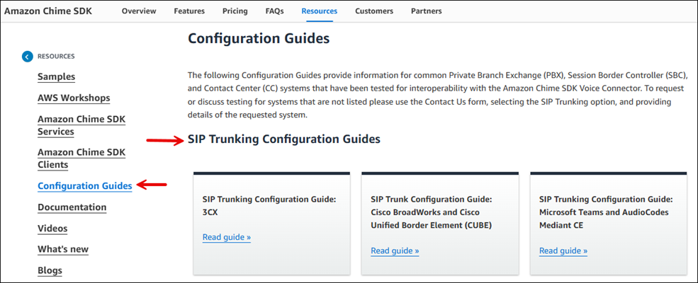 Guides de configuration sur la page de ressources du kit SDK Amazon Chime.