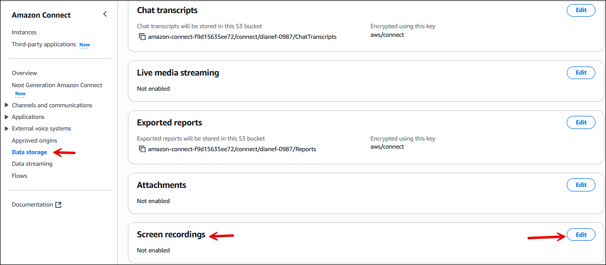 La section Enregistrements d’écran de la page Stockage de données.