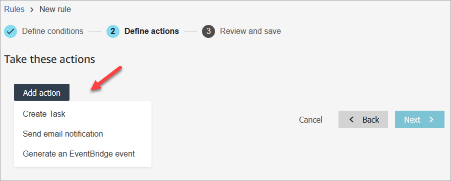 Le menu déroulant Ajouter une action, une liste d’actions.