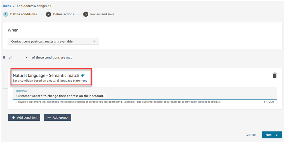 La page Nouvelle règle, la section Langage naturel – Correspondance sémantique.
