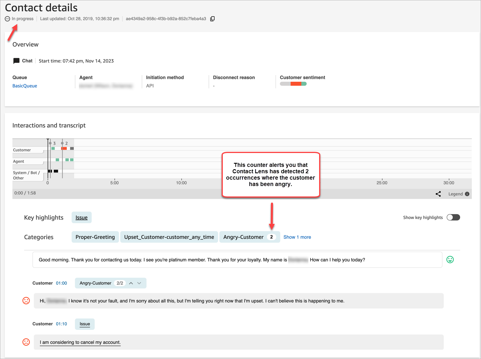 Page Détails de contact, alerte pour un client de chat en temps réel mécontent.
