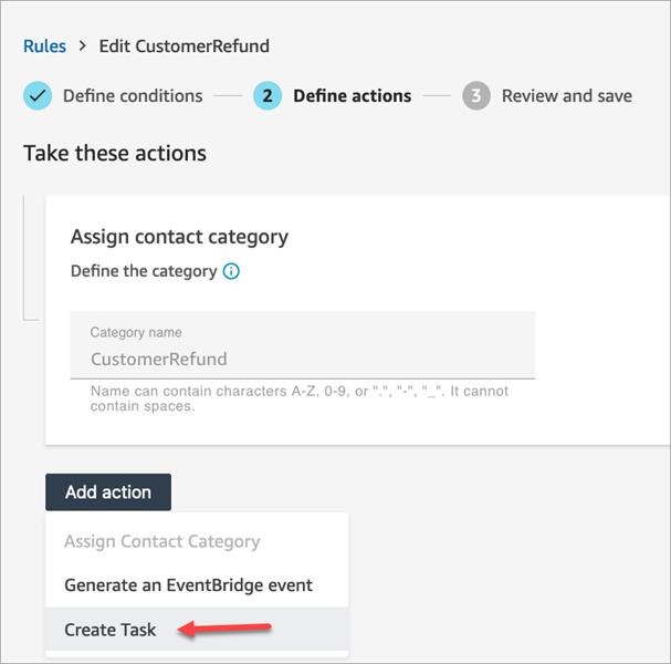La page de nouvelle règle, le menu déroulant d’ajout d’action, l’option de création de tâche.