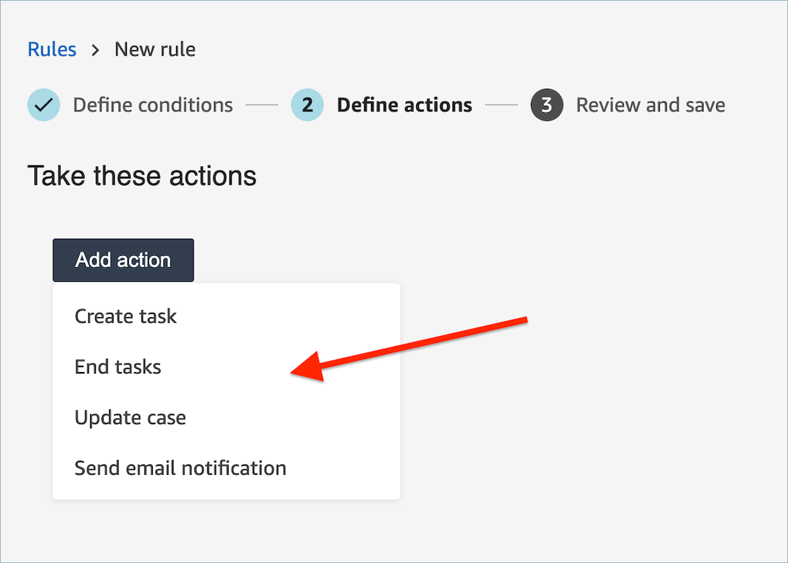 Page de nouvelle règle, menu déroulant Ajouter une action, option Terminer les tâches
