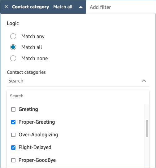 Le filtre des catégories de contacts, l’option Correspondre à tous, les catégories de contacts.
