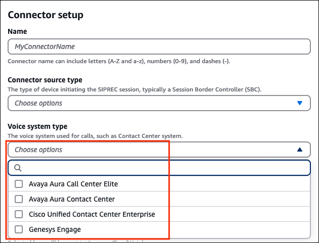 Page Connecteur Contact Lens, liste déroulante Type de système vocal.