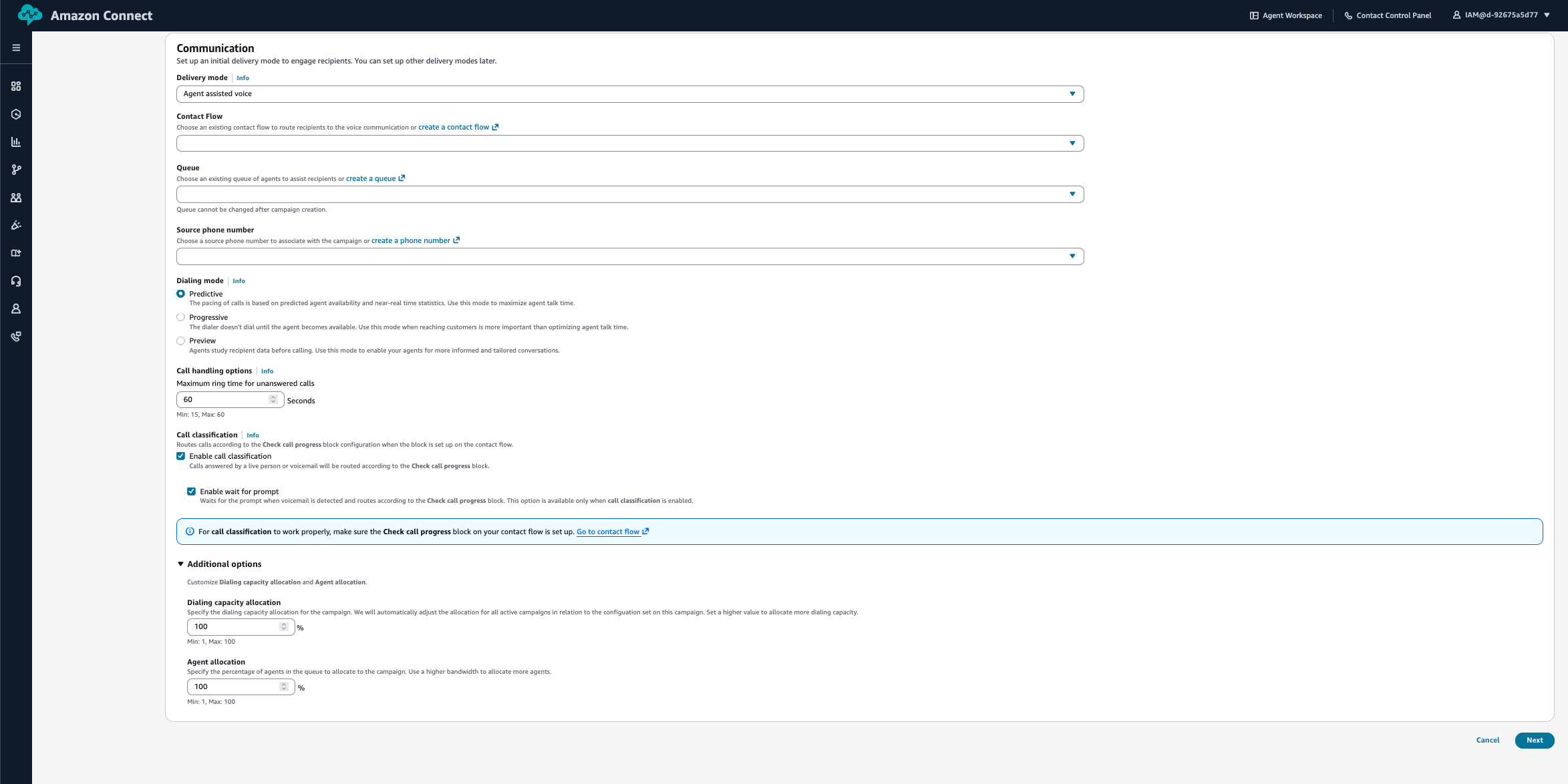 Interface de création de campagnes vocales assistée par un agent avec options et paramètres de configuration.