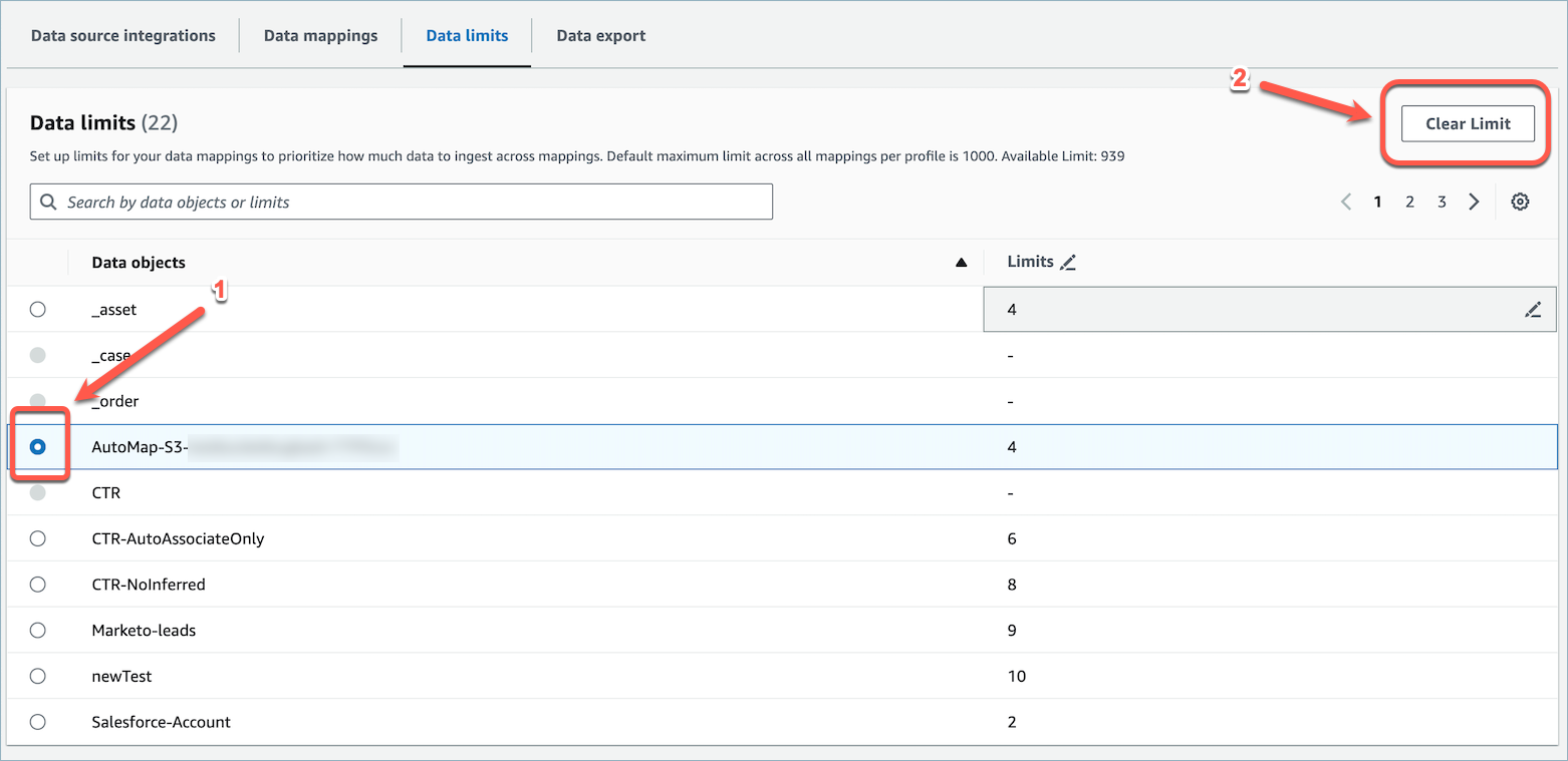 Met en évidence la case d’option situé à gauche de l’objet de données sur la page des limites de données. Sélectionner la case d’option vous permet d’activer le bouton Effacer pour définir une limite de données pour l’objet.