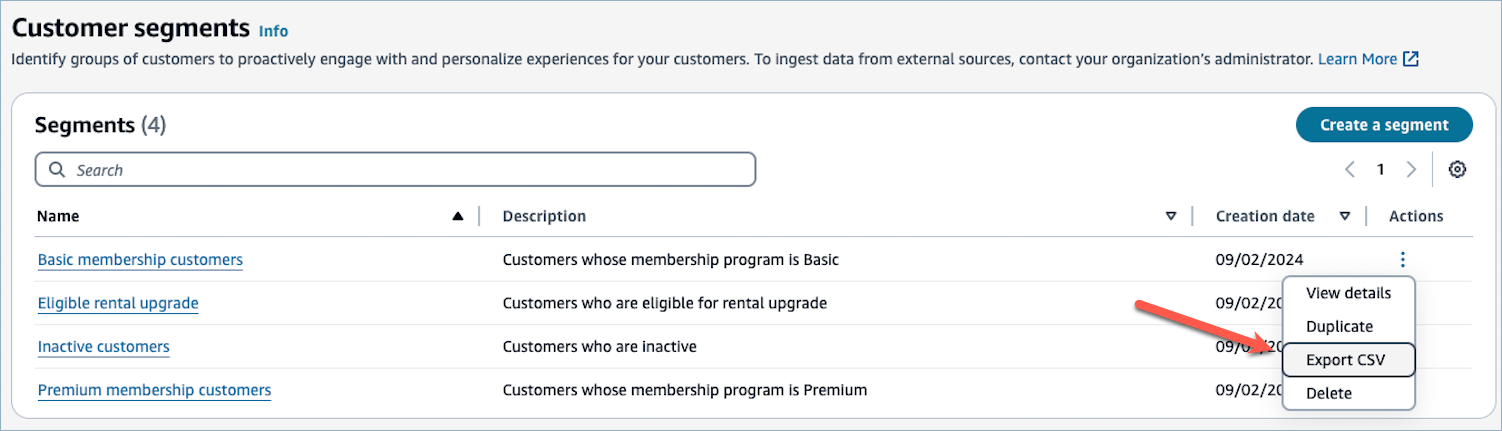 La page Segments clients, l’option Exporter CSV.