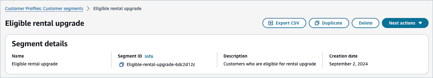 La page de détails du segment pour un segment, l’option Actions suivantes.