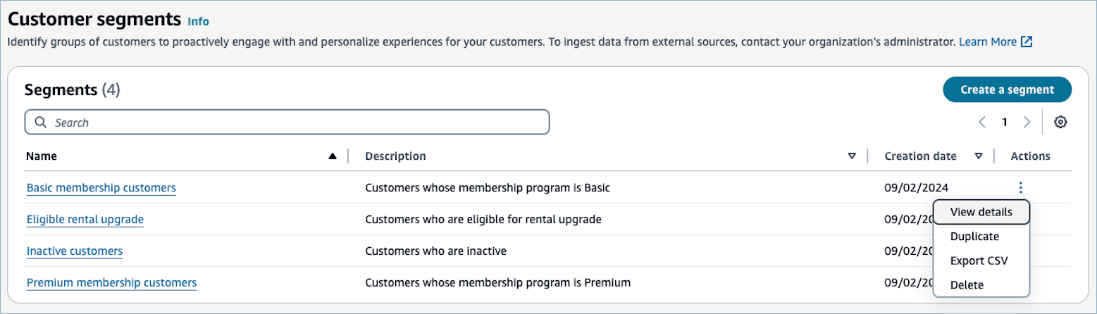 La page Segments clients, une liste de segments.