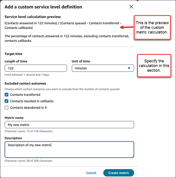 La page Ajouter une définition de niveau de service personnalisée.