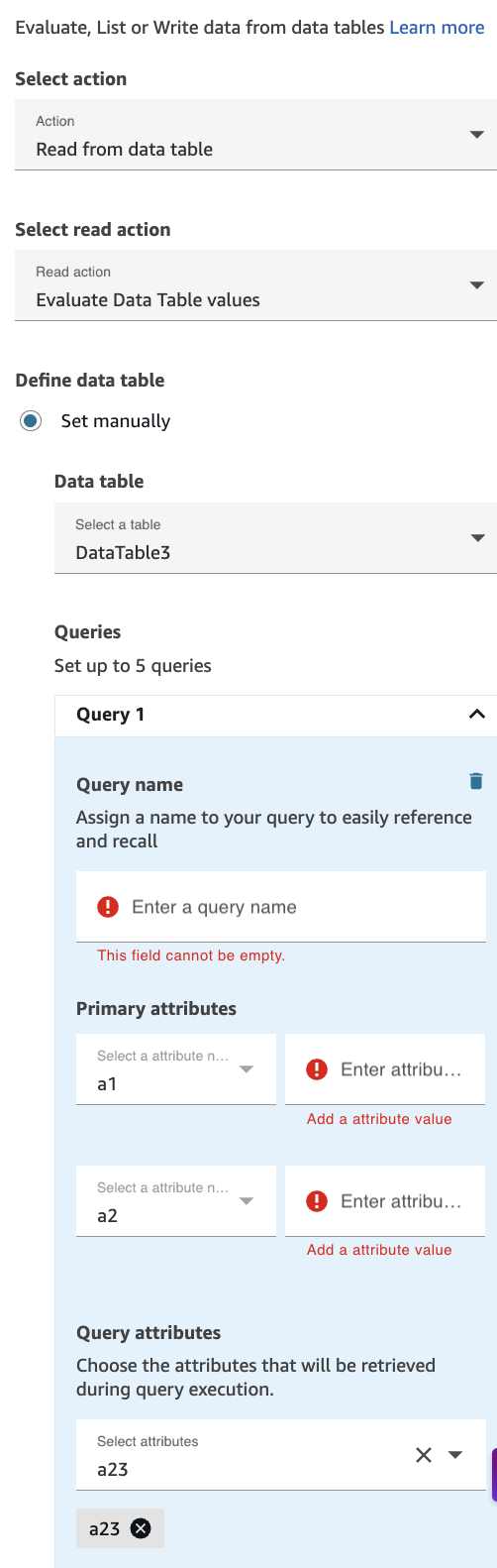 La page de propriétés du bloc de table de données configurée pour l'action Evaluate.