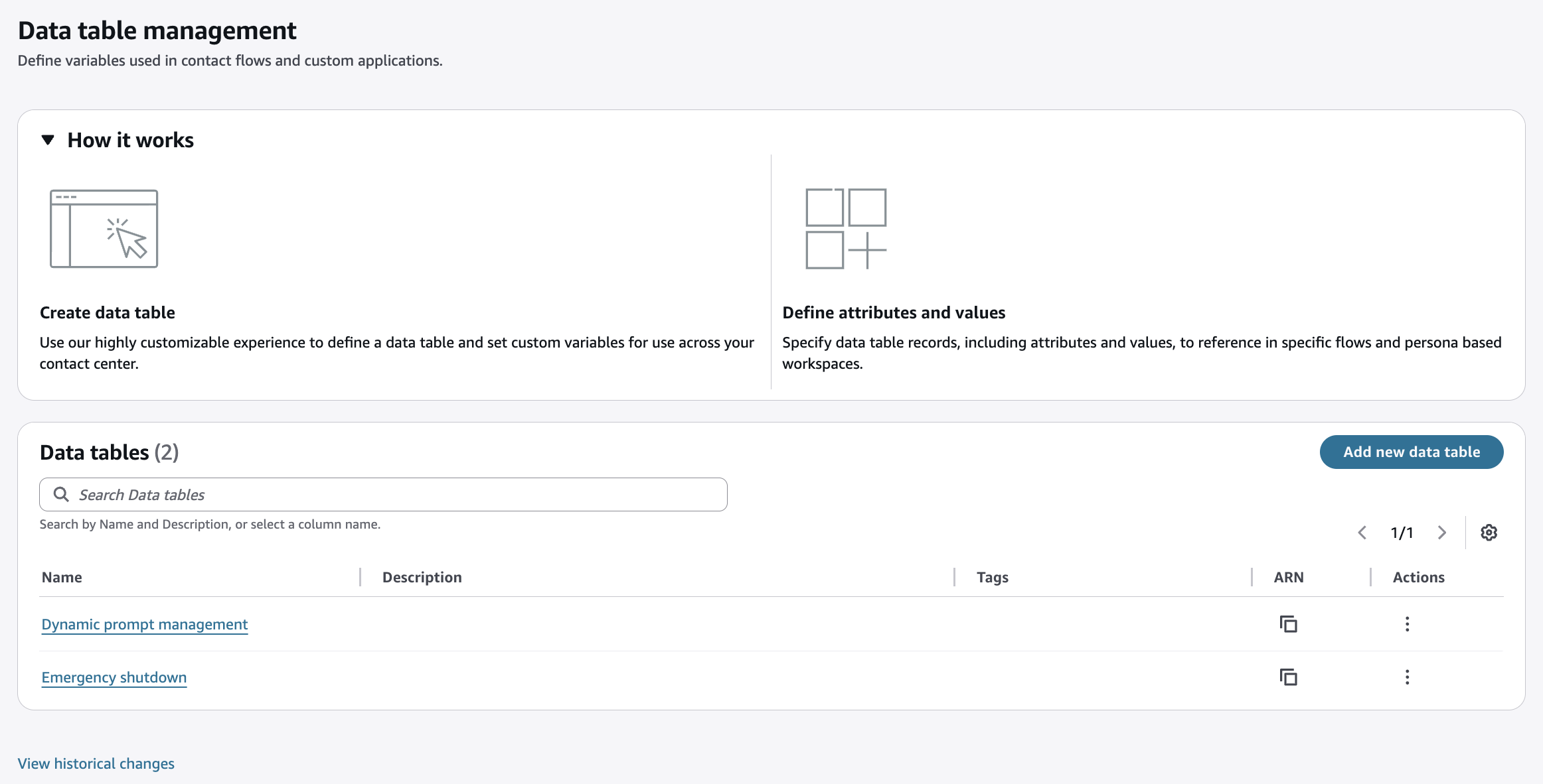 Page de gestion des tables de données.