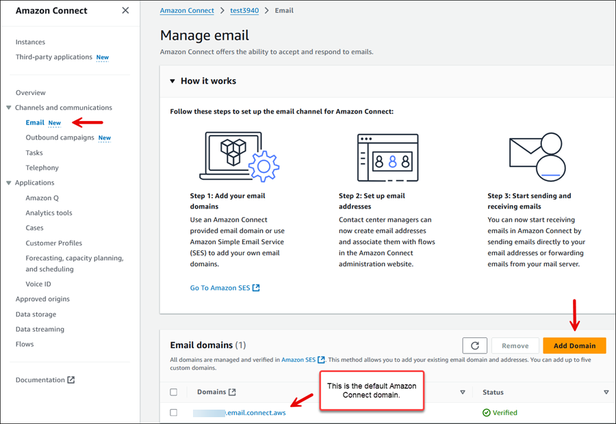 Canal e-mail dans la console Amazon Connect.