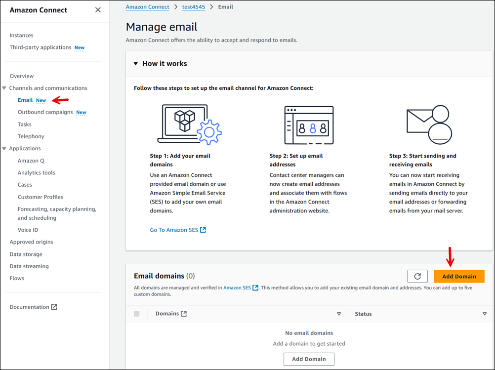 Page Gérer les e-mails, bouton Ajouter un domaine.