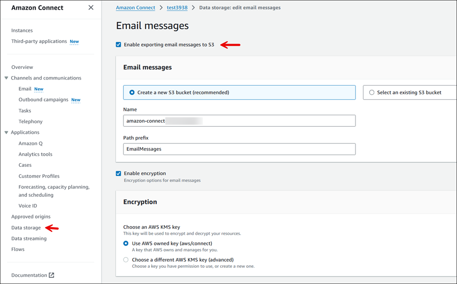 Option de menu Stockage de données, page Messages électroniques.