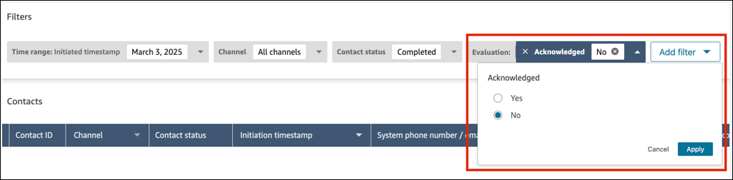 Section Filtres de la page Recherche de contacts, définie sur Confirmée = Non.