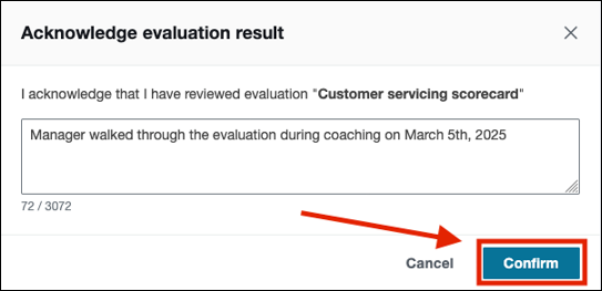 Section Confirmer le résultat de l’évaluation, bouton Confirmer.