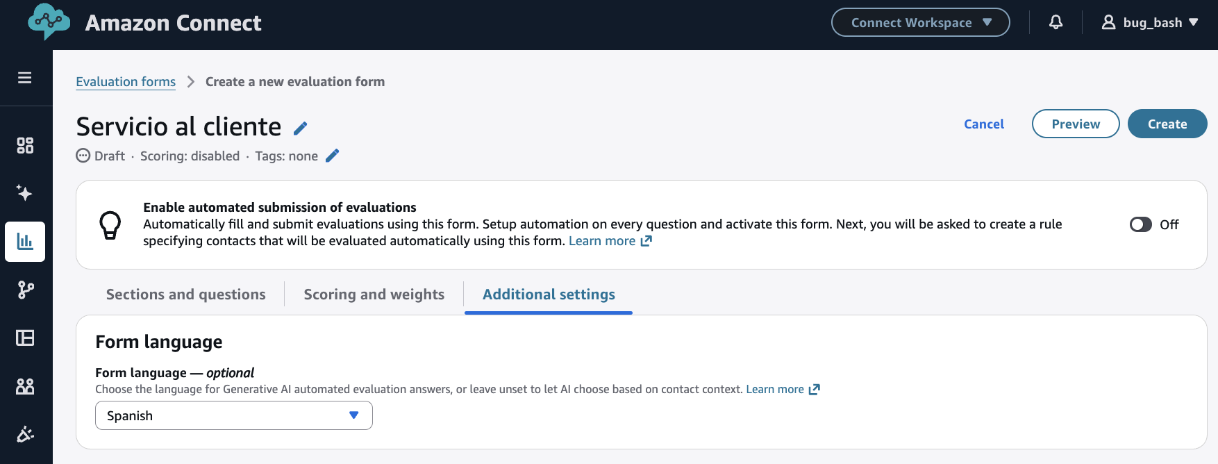 La page du formulaire d'évaluation, l'onglet Paramètres supplémentaires.