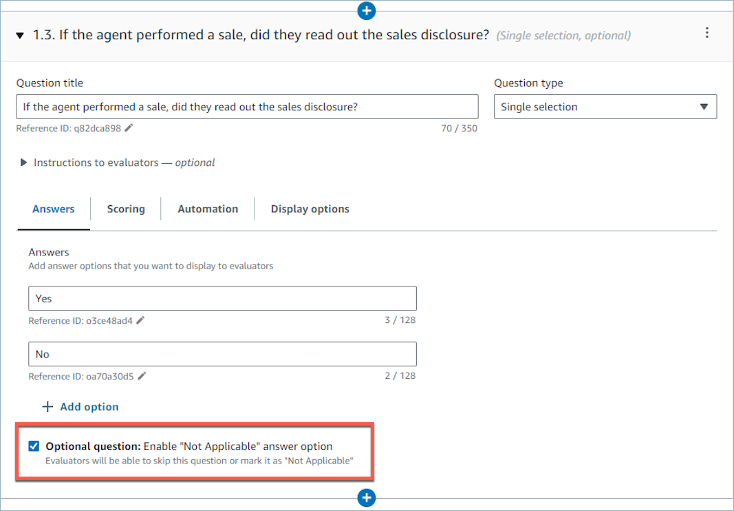 Option permettant de marquer une question comme « non applicable ».
