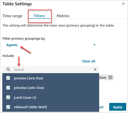 Page des filtres de table, configurée pour filtrer par agent.