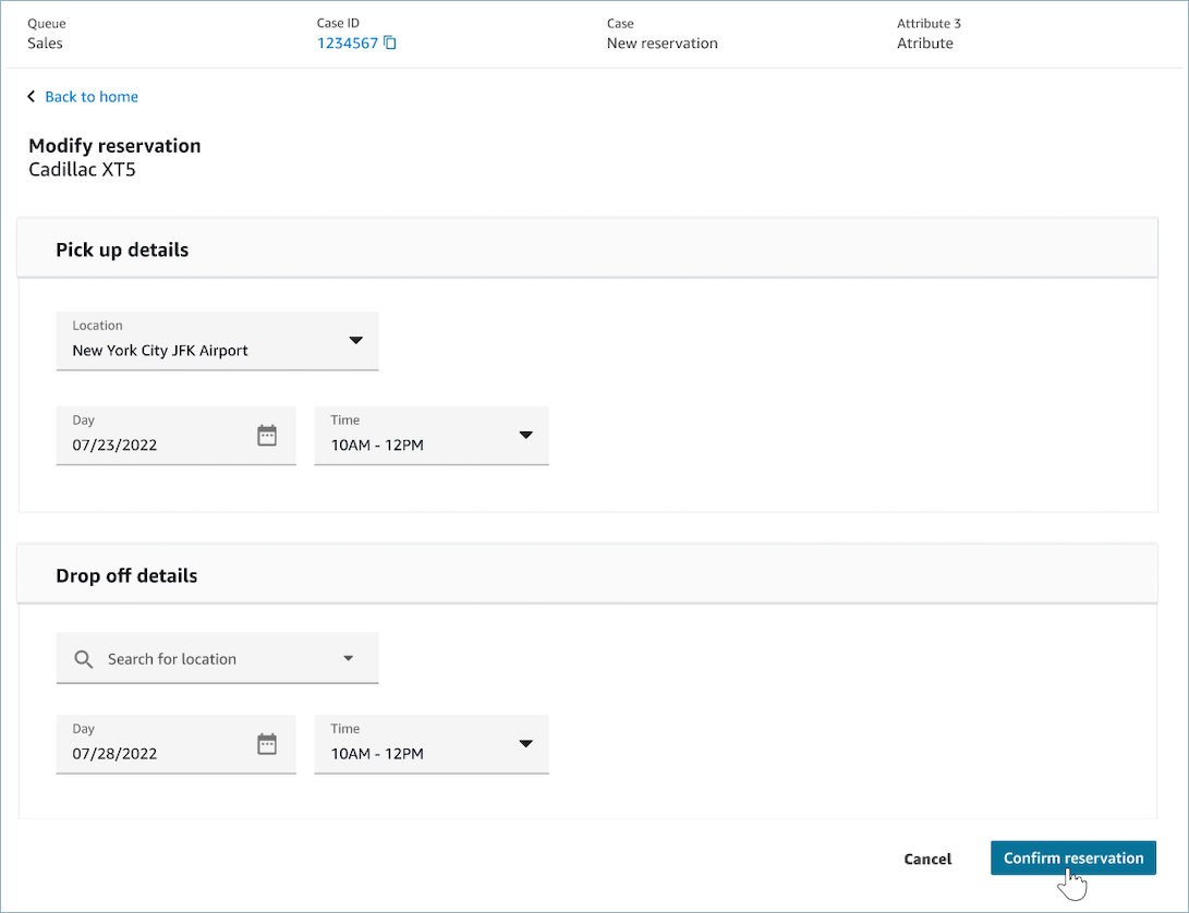 La vue Formulaire avec les champs de lieu et de date à titre d’exemple.