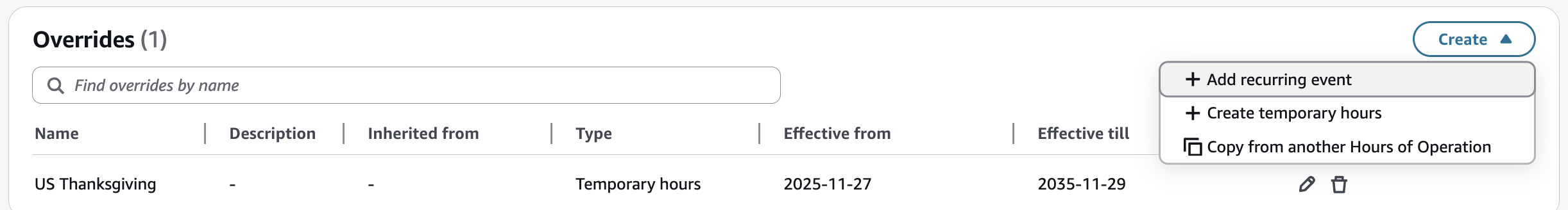 Les heures d'ouverture remplacent le menu déroulant des actions du tableau.
