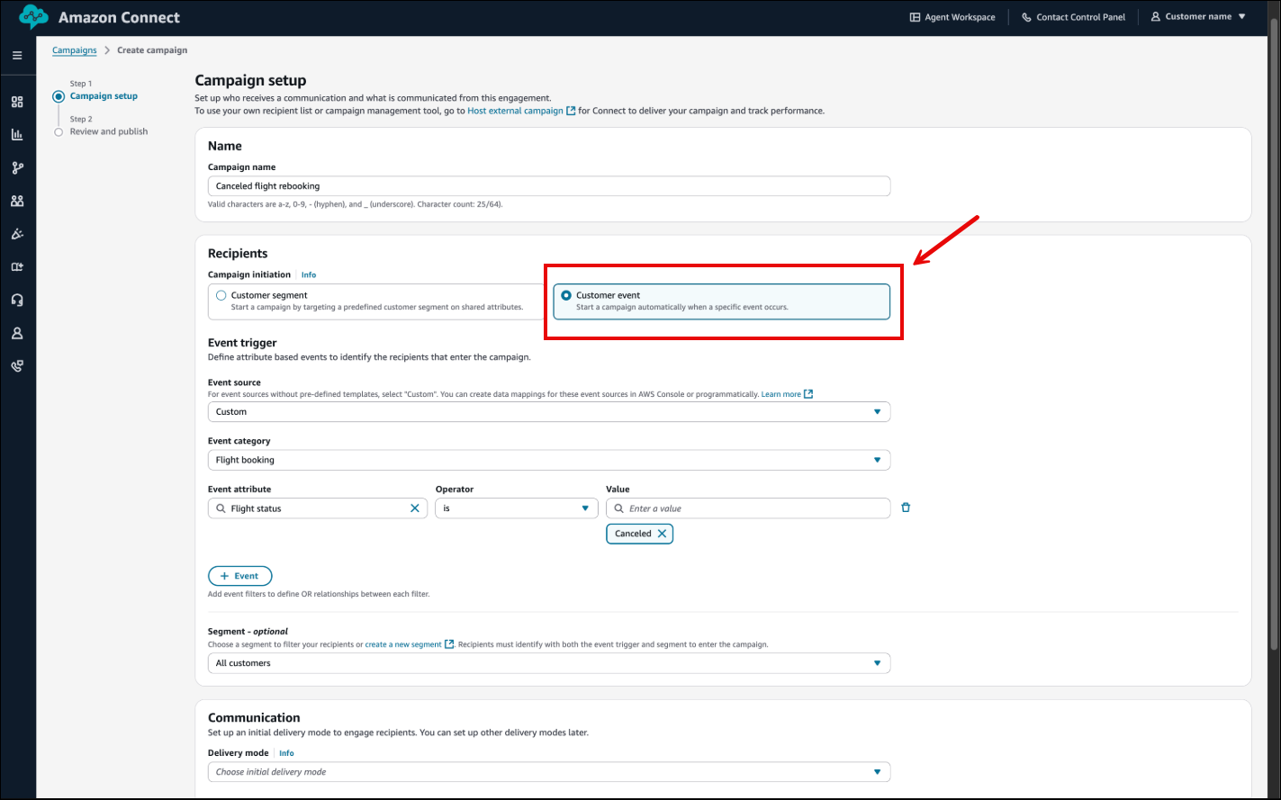 Page Configuration de la campagne avec sélection de l’option Événement client dans la section Destinataires pour les campagnes déclenchées par un événement.