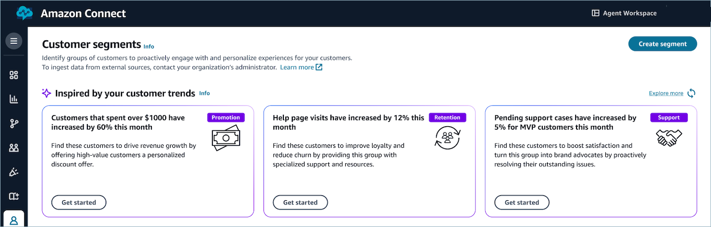 Exemple de cartes d’inspiration sur la page Segments clients.