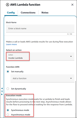 Case Sélectionner une action définie sur Invoquer une fonction Lambda, options du mode d’exécution.