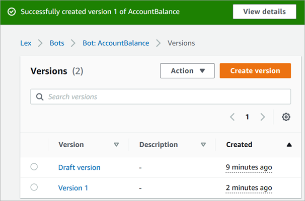 La page des versions contenant la version 1 est répertoriée.