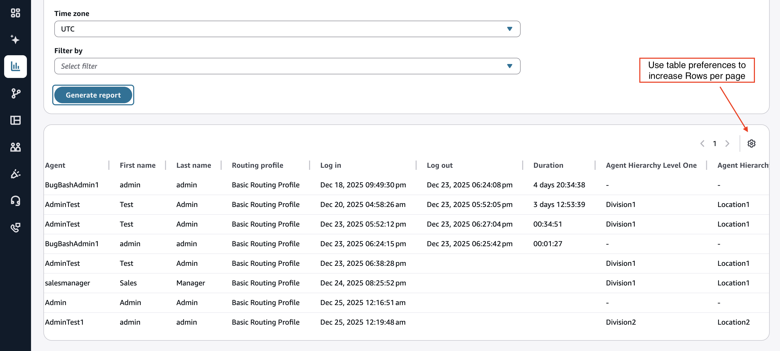 Utilisez les préférences du tableau pour augmenter le nombre de lignes par page.