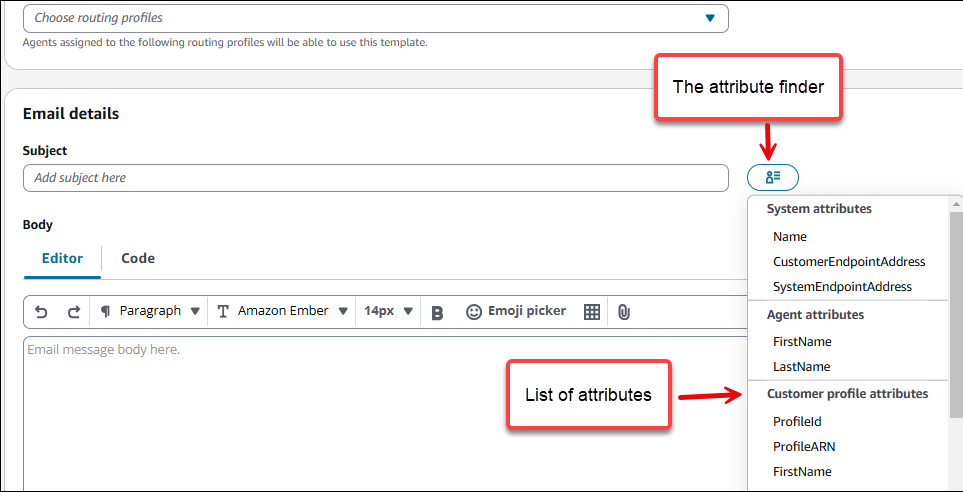 Outil de recherche d’attributs sur la page Modèles de messages.