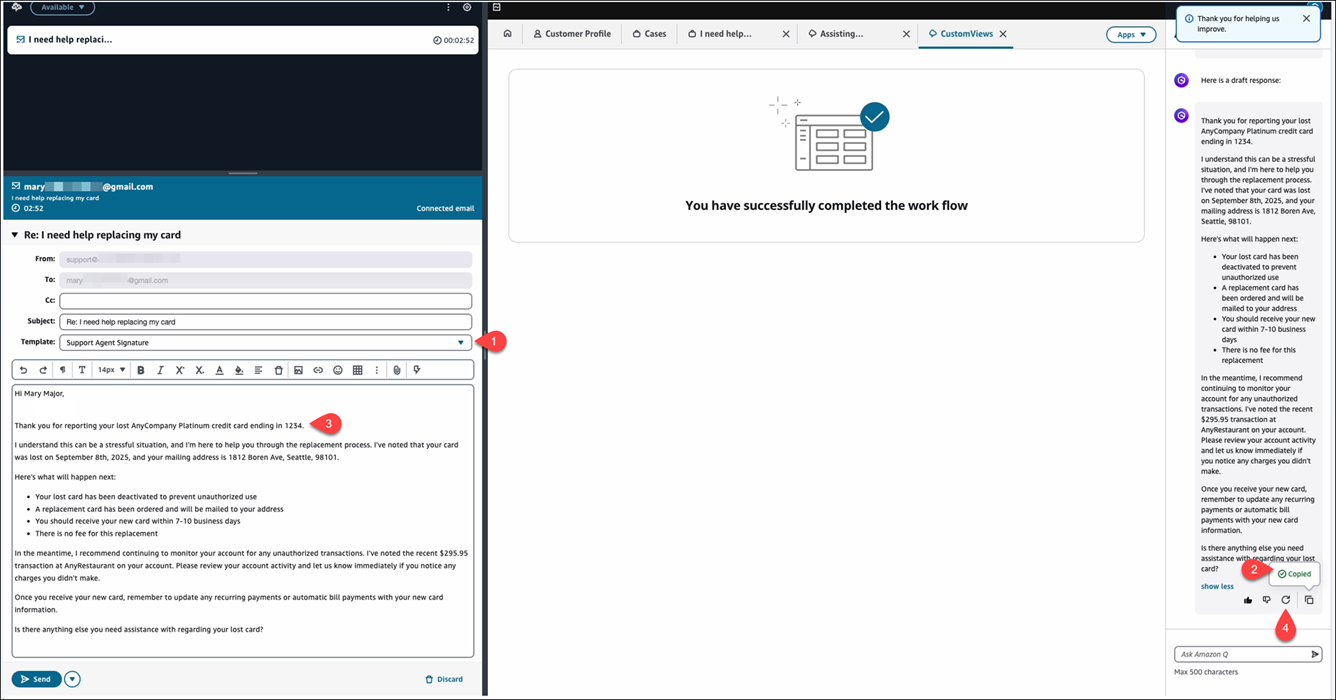 L’espace de travail de l’agent lorsqu’un agent choisit Répondre à tous à un contact par e-mail.