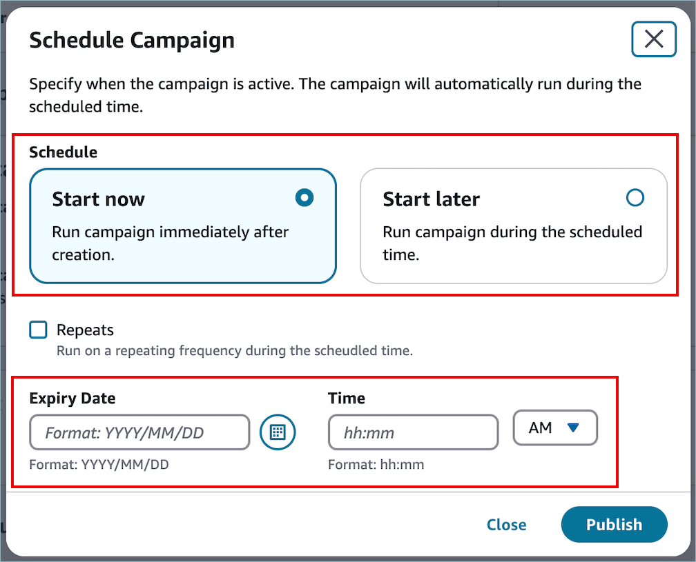 Options de programmation de campagne affichant les paramètres de démarrage immédiat, de démarrage ultérieur et de date/heure d’expiration.