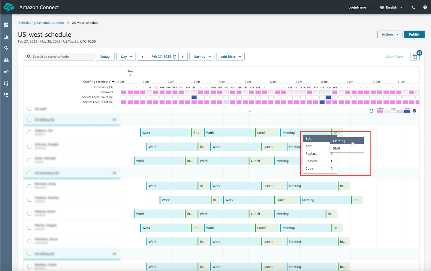 Affiche le menu d’activité Modifier le quart de travail.