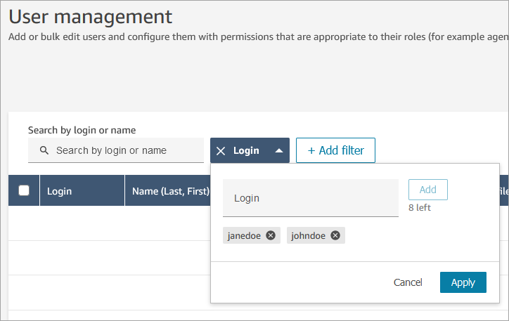 Option Ajouter un filtre sur la page Gestion des utilisateurs.