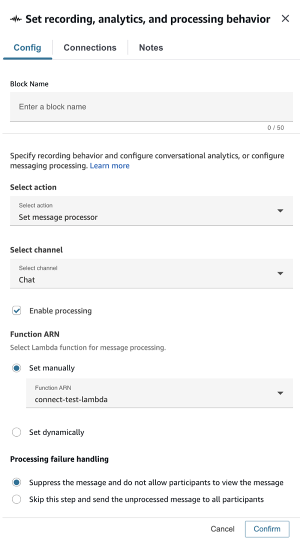 Configuration de l'action Définir le processeur de messages avec le traitement activé.