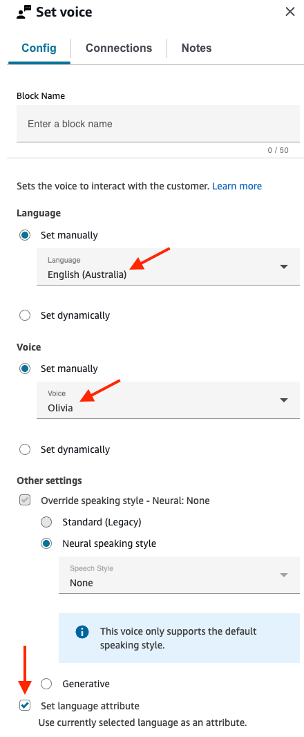 La page des propriétés du bloc Définir la voix configuré pour l'anglais (Australie).