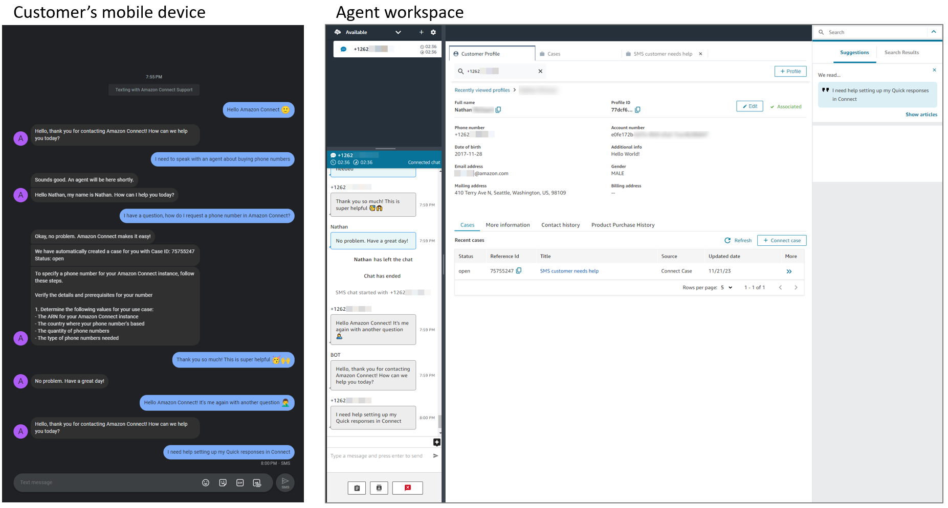 CCP de l’agent et téléphone du client qui envoie des SMS
