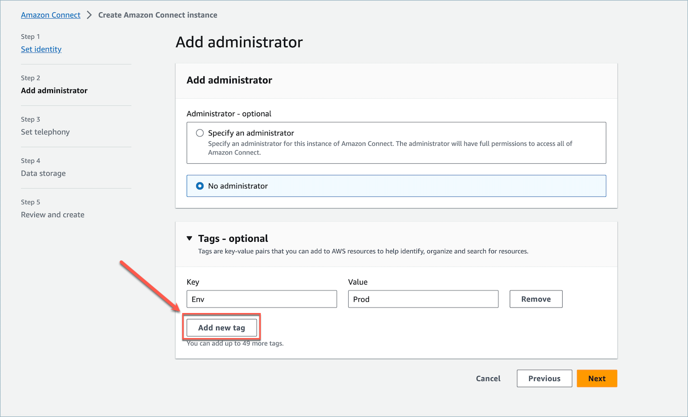 Vous pouvez choisir d’ajouter des balises à cette étape de la création d’instance.