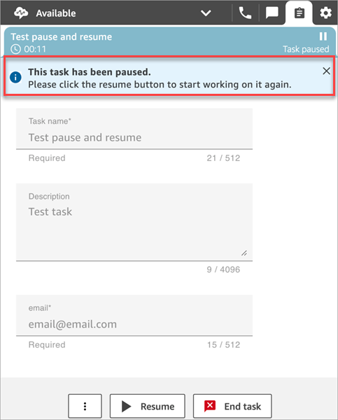 Bannières de mise en pause et de reprise dans le CCP.