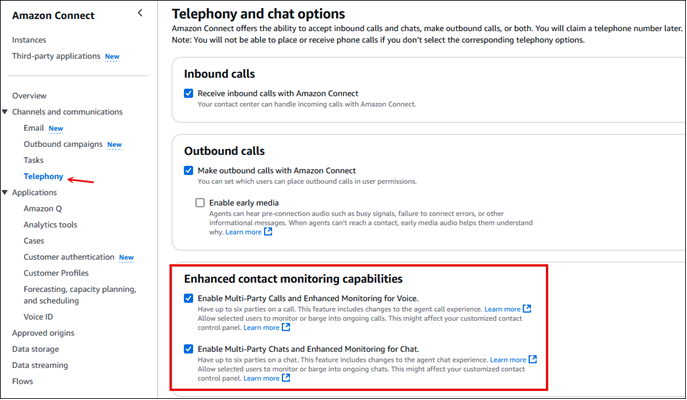 Page Options de téléphonie et de chat.